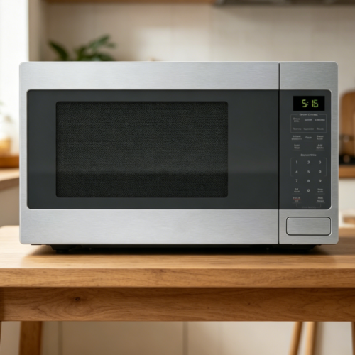 Compact soft-close silver microwave oven